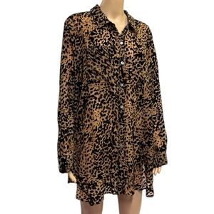 Intro Black Brown Cheetah Print Button Up Double Pocket Blouse Top Plus Size 2X